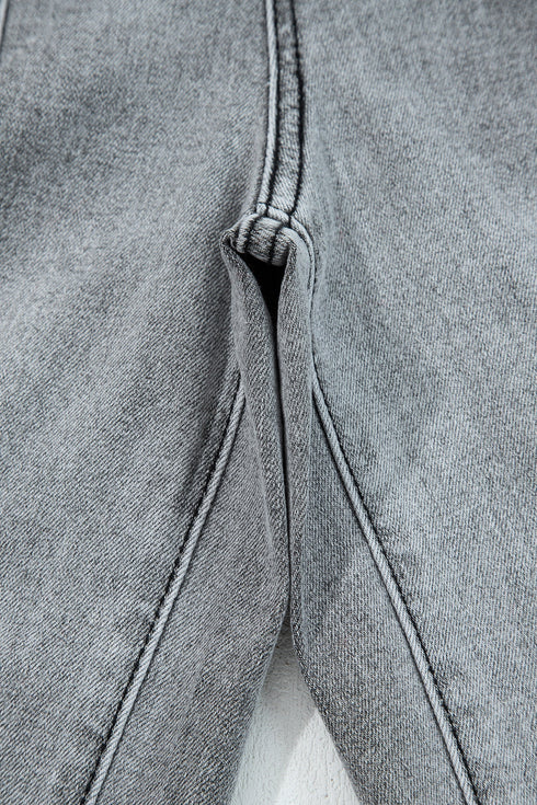 Western Drawstring Seam Detail Raw Hem Wide Leg Jeans