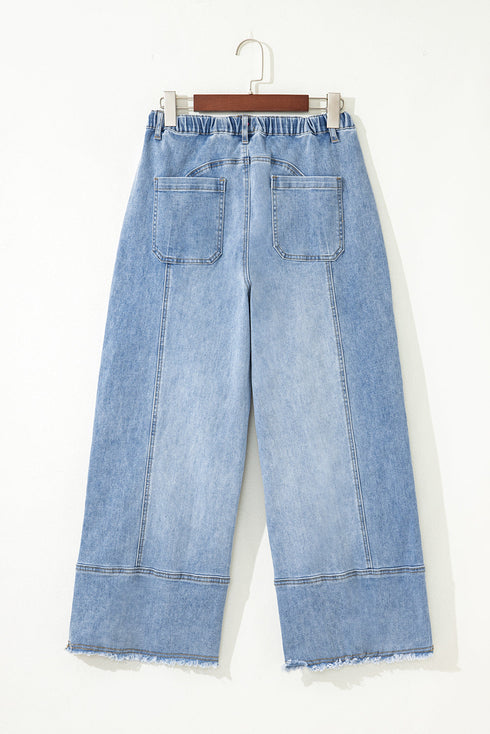 Western Drawstring Seam Detail Raw Hem Wide Leg Jeans