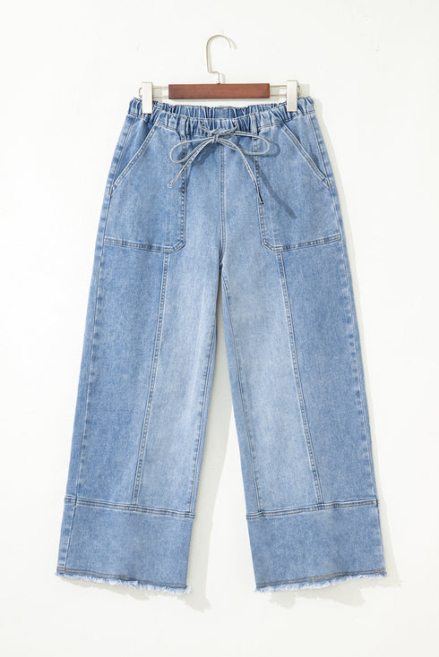 Western Drawstring Seam Detail Raw Hem Wide Leg Jeans