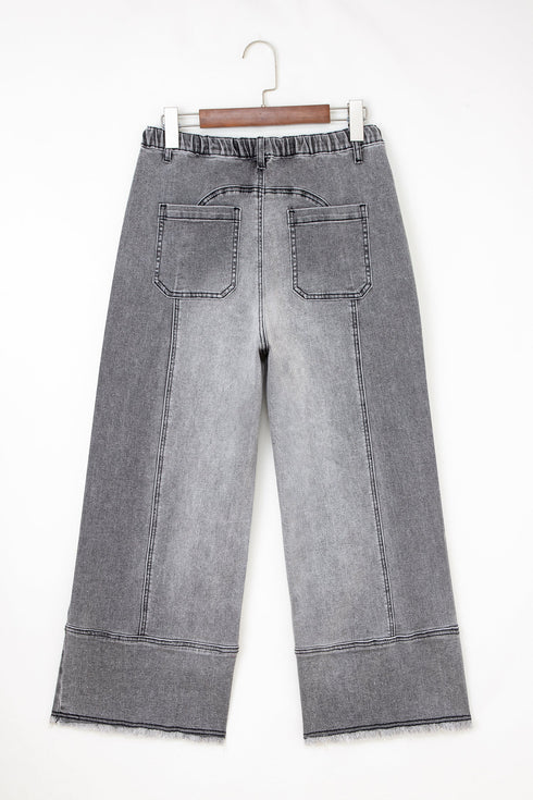 Western Drawstring Seam Detail Raw Hem Wide Leg Jeans