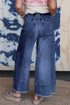 Western Drawstring Seam Detail Raw Hem Wide Leg Jeans