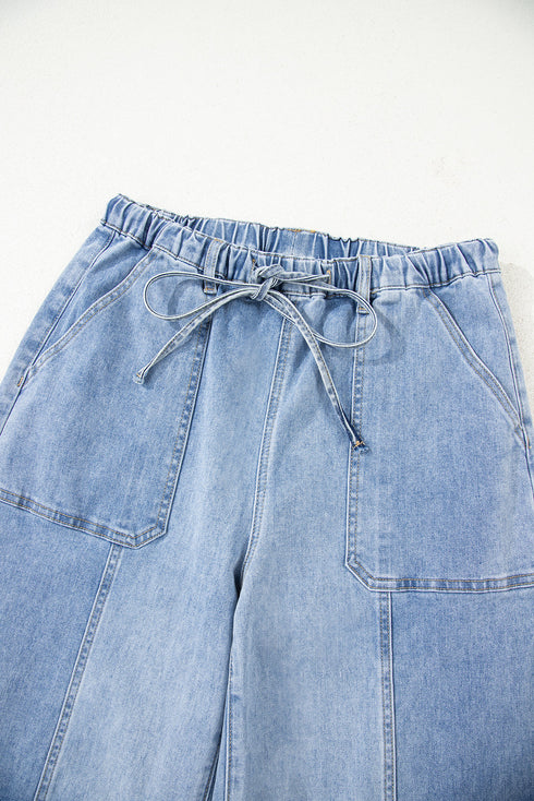 Western Drawstring Seam Detail Raw Hem Wide Leg Jeans