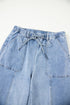 Western Drawstring Seam Detail Raw Hem Wide Leg Jeans