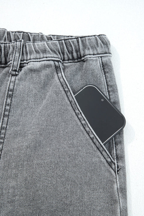 Western Drawstring Seam Detail Raw Hem Wide Leg Jeans