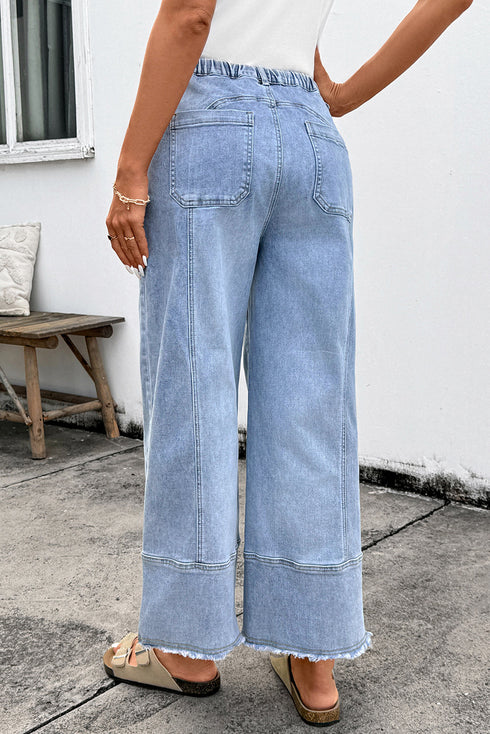 Western Drawstring Seam Detail Raw Hem Wide Leg Jeans