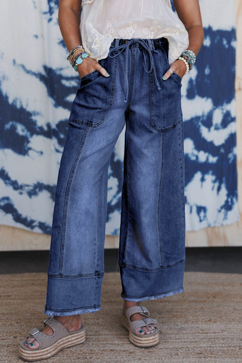 Western Drawstring Seam Detail Raw Hem Wide Leg Jeans
