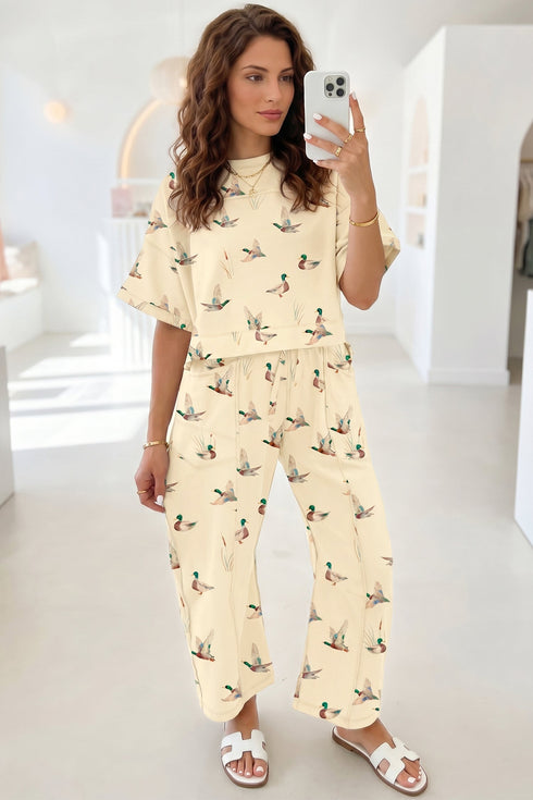 Western Duck Print Short Sleeve Top Pocket Barrel Pants Set