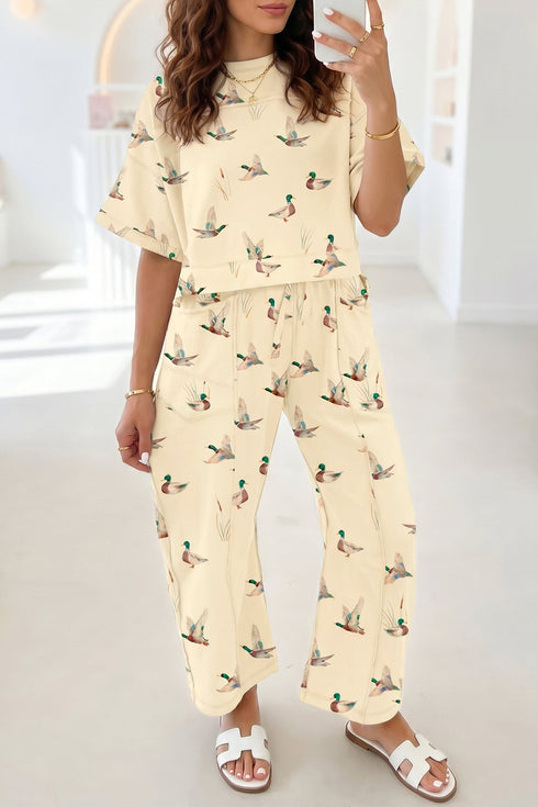 Western Duck Print Short Sleeve Top Pocket Barrel Pants Set