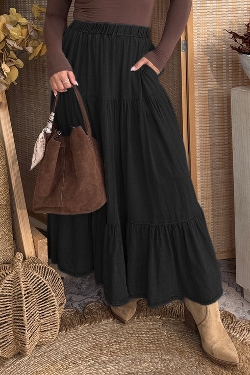 Western Elastic Waist Ruffled Tiered Flared Denim Maxi Skirt
