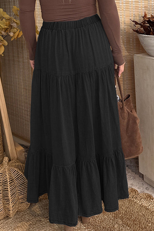 Western Elastic Waist Ruffled Tiered Flared Denim Maxi Skirt