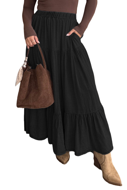 Western Elastic Waist Ruffled Tiered Flared Denim Maxi Skirt