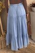 Western Elastic Waist Ruffled Tiered Flared Denim Maxi Skirt