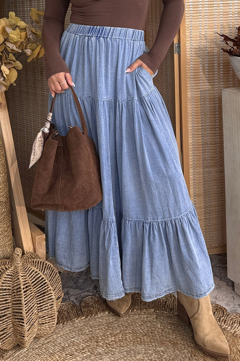 Western Elastic Waist Ruffled Tiered Flared Denim Maxi Skirt