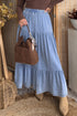 Western Elastic Waist Ruffled Tiered Flared Denim Maxi Skirt