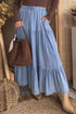 Western Elastic Waist Ruffled Tiered Flared Denim Maxi Skirt