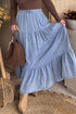 Western Elastic Waist Ruffled Tiered Flared Denim Maxi Skirt