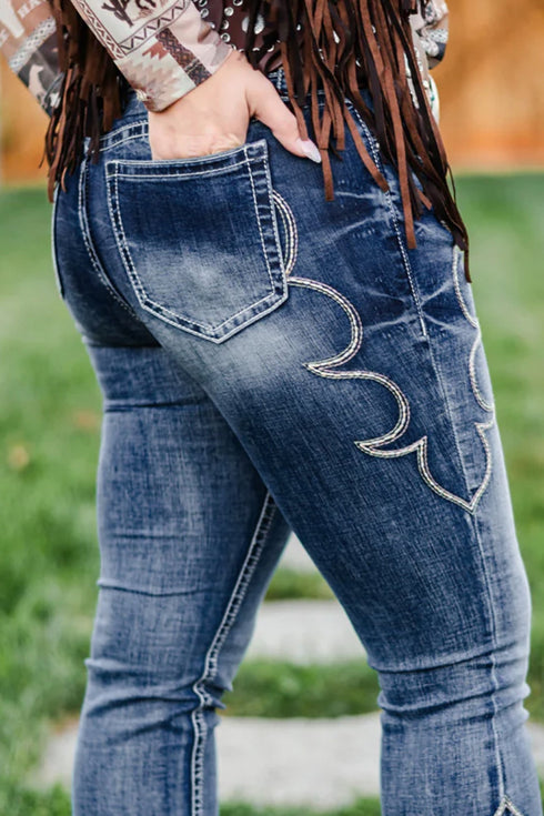 Western Embroidered Full Length Flare Denim Jeans