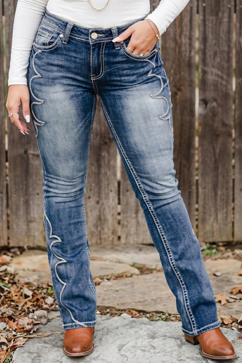 Western Embroidered Full Length Flare Denim Jeans