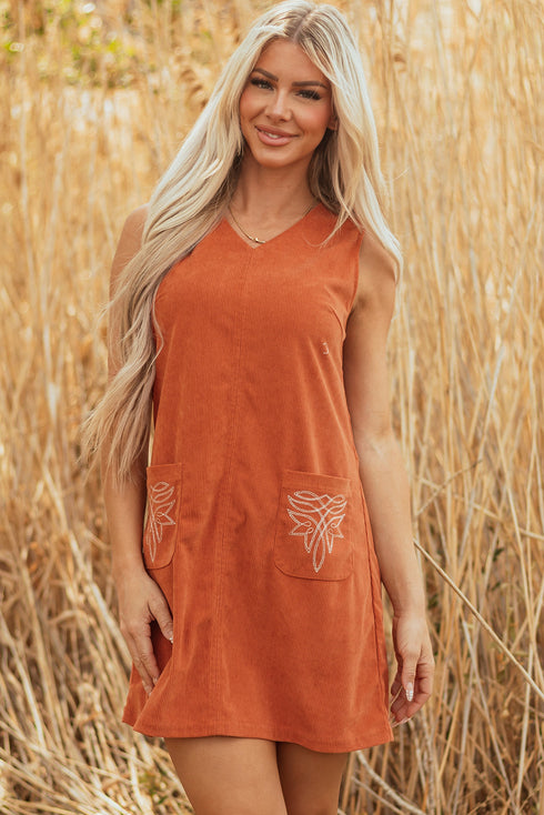 Western Embroidered Patched Pocket Corduroy Shift Mini Dress