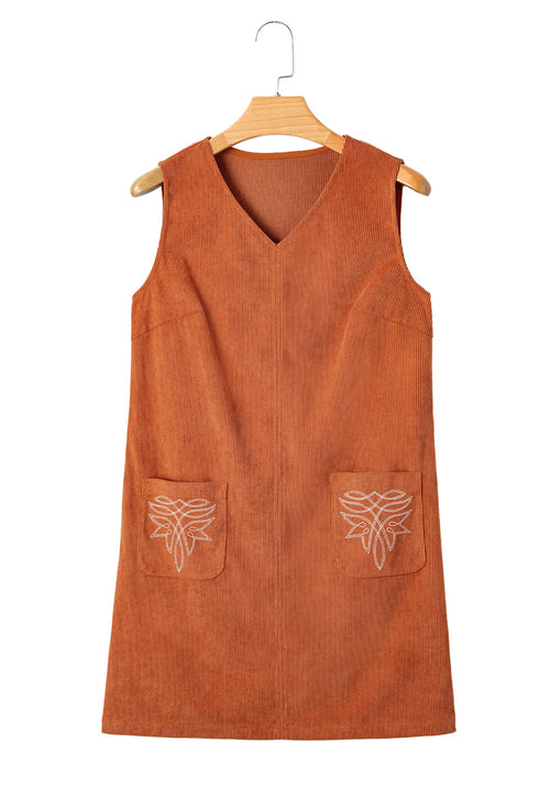 Western Embroidered Patched Pocket Corduroy Shift Mini Dress