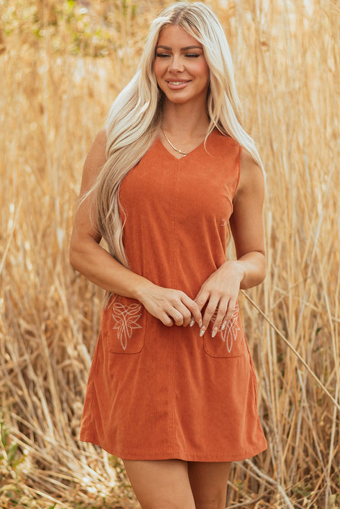 Western Embroidered Patched Pocket Corduroy Shift Mini Dress