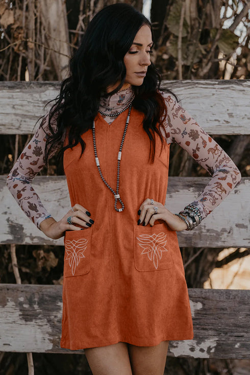 Western Embroidered Patched Pocket Corduroy Shift Mini Dress