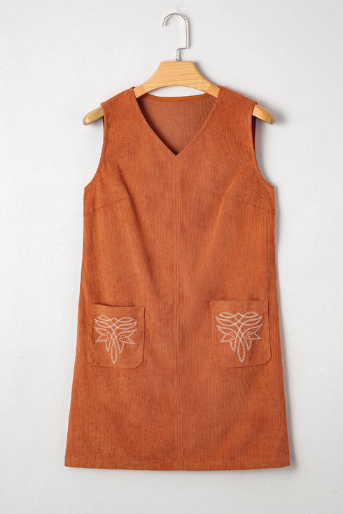Western Embroidered Patched Pocket Corduroy Shift Mini Dress