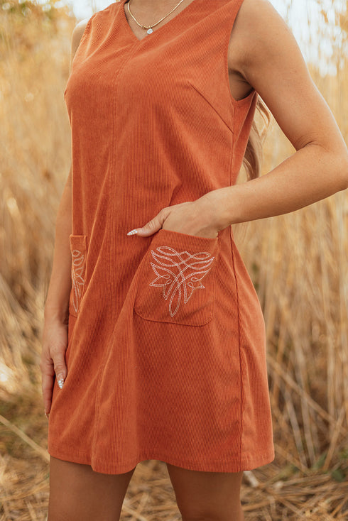 Western Embroidered Patched Pocket Corduroy Shift Mini Dress