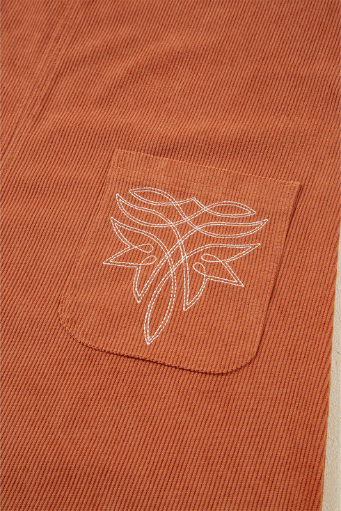 Western Embroidered Patched Pocket Corduroy Shift Mini Dress
