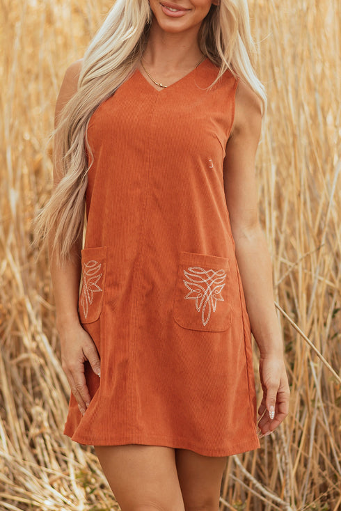 Western Embroidered Patched Pocket Corduroy Shift Mini Dress