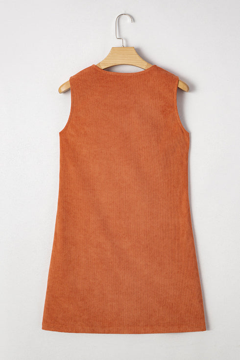 Western Embroidered Patched Pocket Corduroy Shift Mini Dress