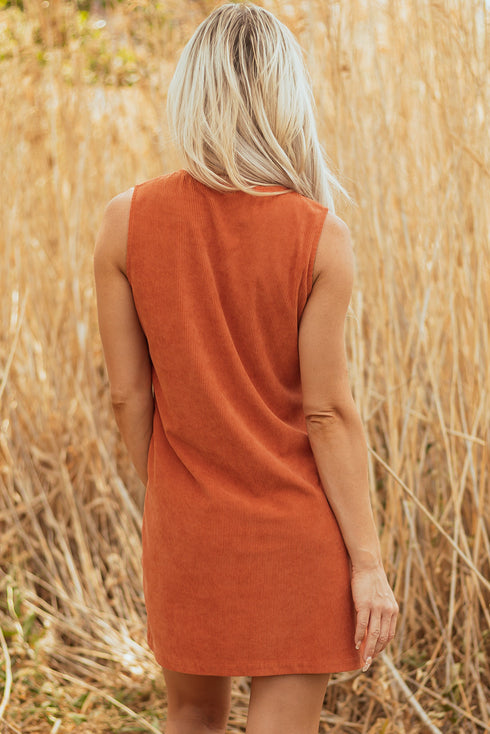 Western Embroidered Patched Pocket Corduroy Shift Mini Dress