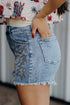 Western Embroidered Studded Stretch Cotton Denim Shorts