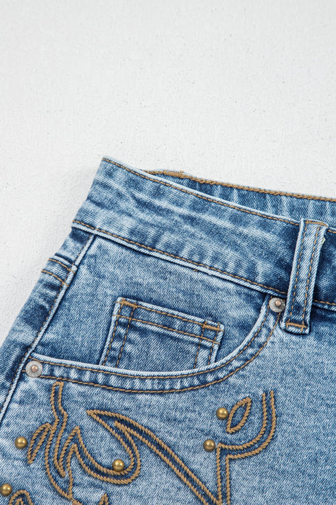 Western Embroidered Studded Stretch Cotton Denim Shorts