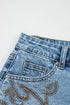 Western Embroidered Studded Stretch Cotton Denim Shorts