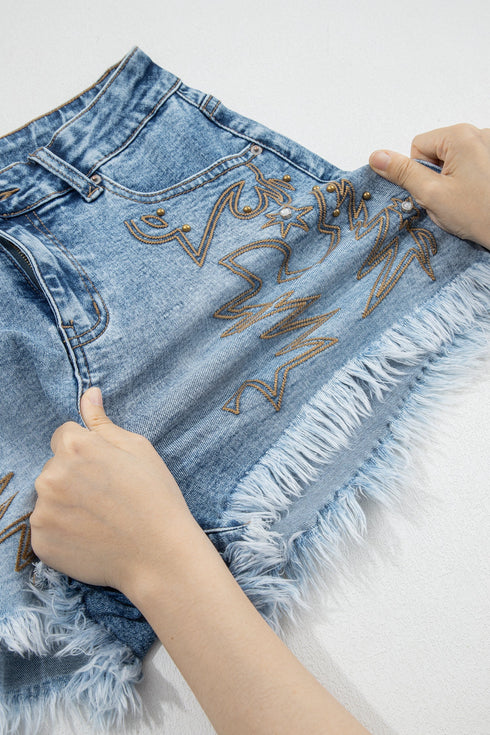Western Embroidered Studded Stretch Cotton Denim Shorts
