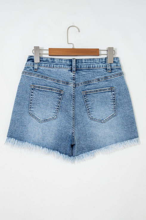 Western Embroidered Studded Stretch Cotton Denim Shorts