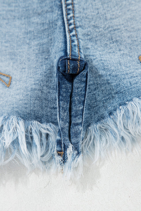 Western Embroidered Studded Stretch Cotton Denim Shorts