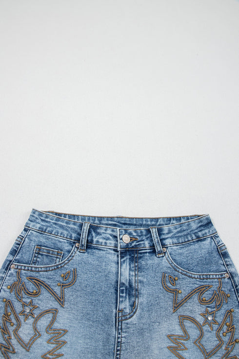 Western Embroidered Studded Stretch Cotton Denim Shorts