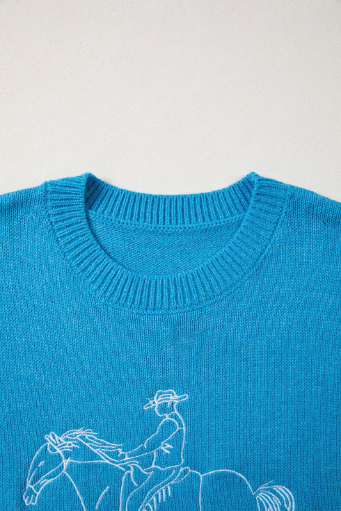 Western Embroidery Drop Shoulder Pullover Knit Sweater