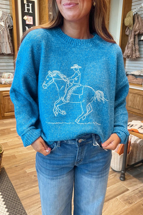 Western Embroidery Drop Shoulder Pullover Knit Sweater