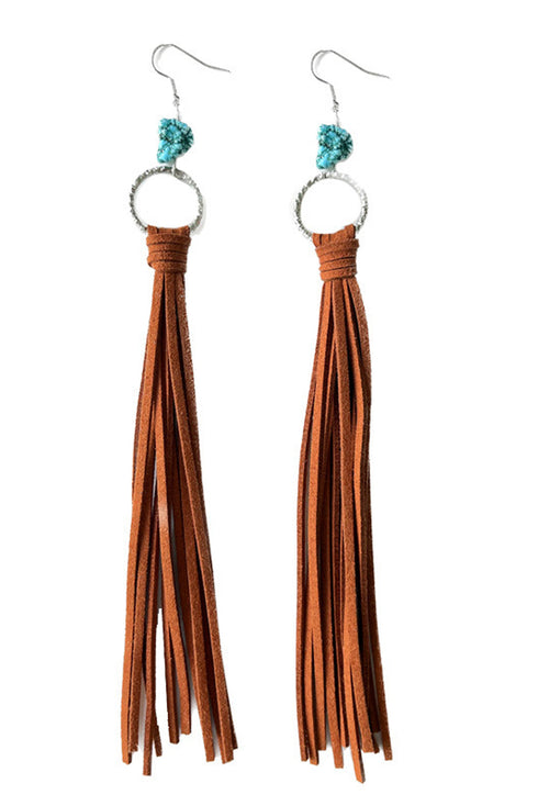 Western Faux Stone O Ring Tassel Fringe Earrings
