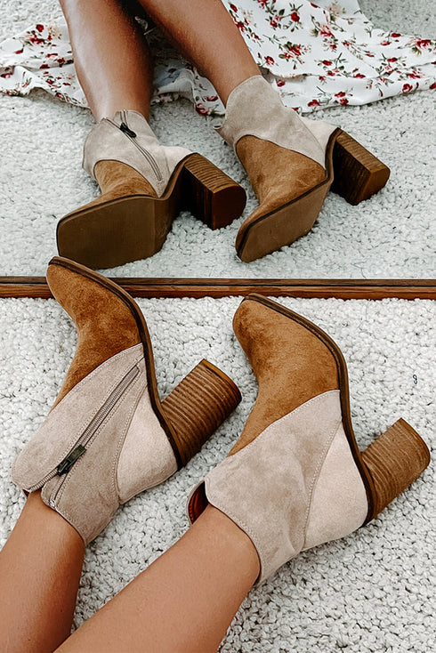Western Faux Suede Patchwork Square Toe Block Heel Boots