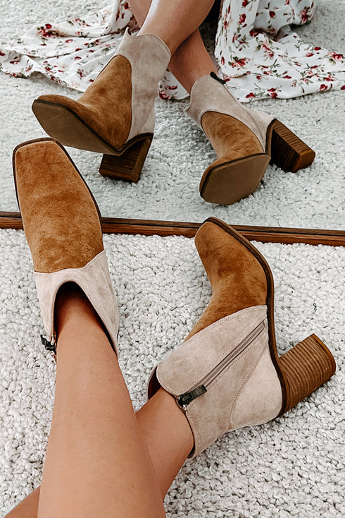 Western Faux Suede Patchwork Square Toe Block Heel Boots