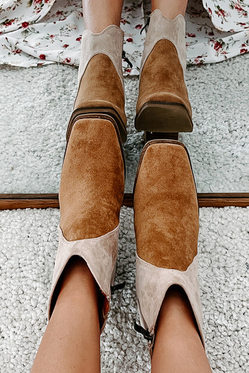 Western Faux Suede Patchwork Square Toe Block Heel Boots