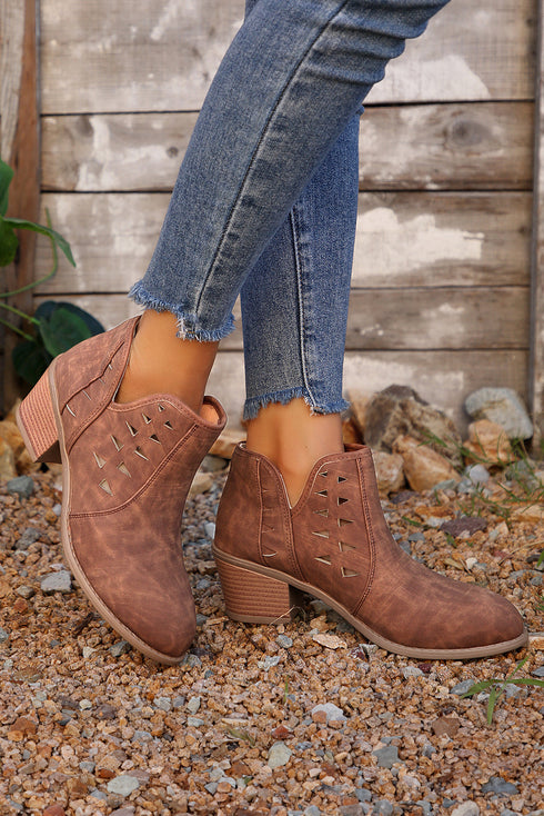 Western Faux Suede Pointed Toe Cut Out Ankle Boots