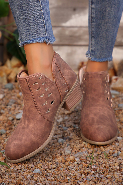Western Faux Suede Pointed Toe Cut Out Ankle Boots