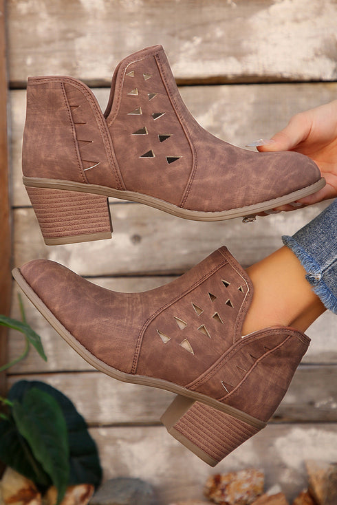Western Faux Suede Pointed Toe Cut Out Ankle Boots