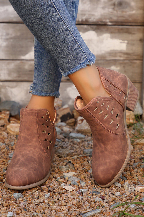 Western Faux Suede Pointed Toe Cut Out Ankle Boots