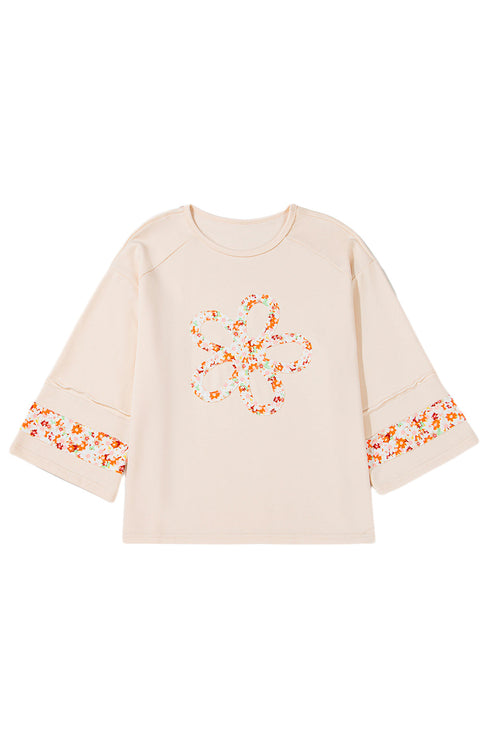 Western Floral Applique Patchwork Side Slit Crewneck Top
